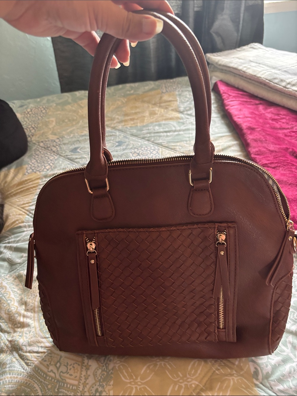 Mystique Boutique Woven Front Shoulder Tote in Brown